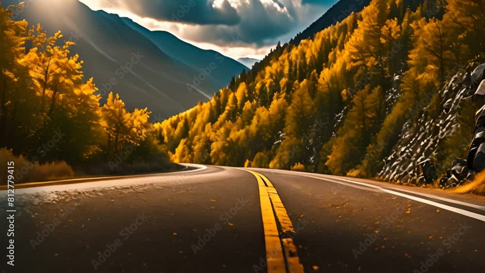 Poster mountain road with trees in background generative ai