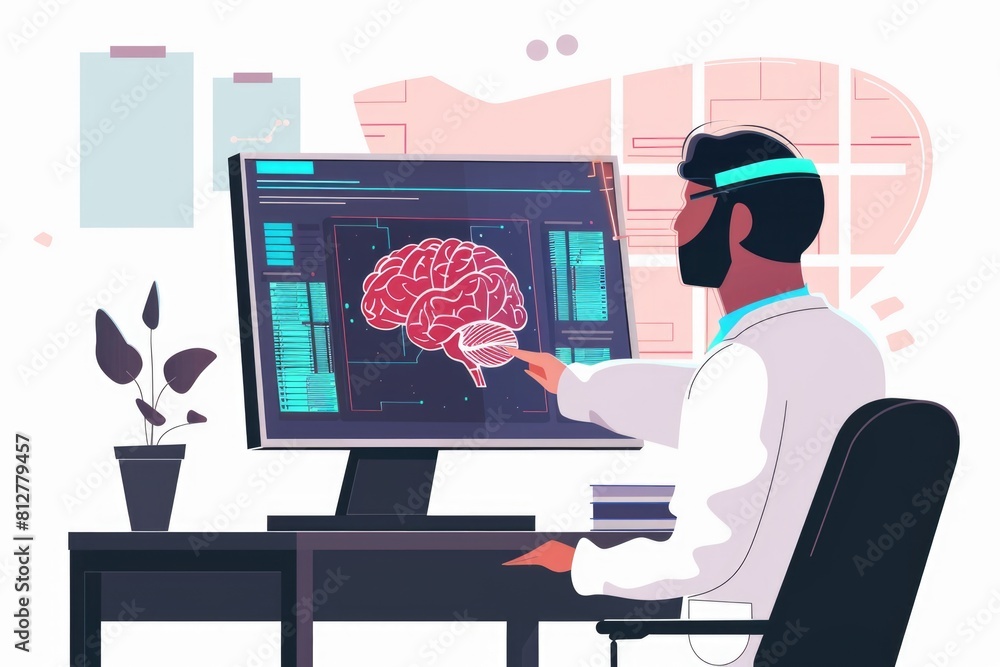 Poster man analyzing brain scan on computer, suitable for medical concepts