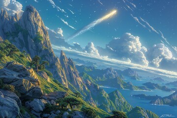 A comet in the sky over the mountains of the asian pacific