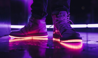 pair of shoes or sneakers with glowing purple lights underneath. 
