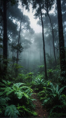 Mystical Forest Haven, Panoramic Jungle Vista Amidst Foggy Expanse.