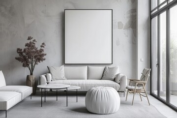 mockup, white blank poster on the wall in a beautiful delicate interior of a living room in light shades with a large sofa and large windows