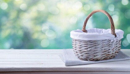 empty basket with tablecloth and easter eggs on wooden table over green bokeh background easter mock up for design and product display