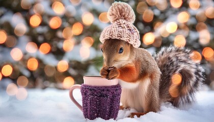 a cheerful cute squirrel in a knitted hat drinks cocoa from a cup against the background of a winter forest with fir trees snow and colorful lights postcard for the new year holidays generative ai