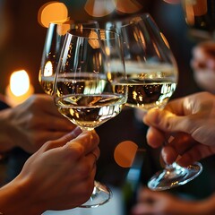 A close-up of wine glasses clinking together in a toast, capturing the joy and camaraderie of sharing a special moment with friends.