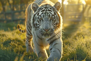 Close up of a tiger walking in the morning light,  (Panthera tigris altaica)