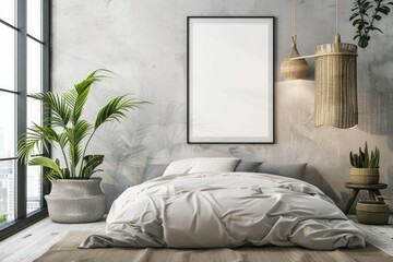 mockup, white blank poster on the wall in a beautiful delicate interior of a bedroom in light shades with a large bed and large windows