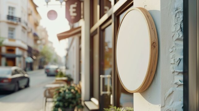 Street Cafe Signboard Prototype for Logo Design Showcase, Corporate Branding Display, Neutral Tones, Mounted on Outdoor Wall.