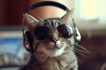 Stylish domestic cat wearing sunglasses and overear headphones, looking like a music lover