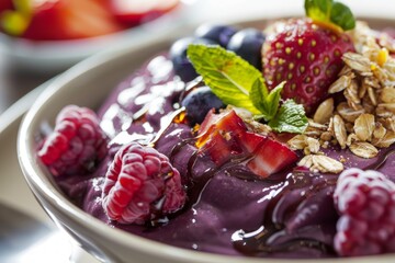 Vibrant bowl of goodness: Fresh fruit and crunchy granola complemented by a refreshing purple smoothie. Nourishing meal concept