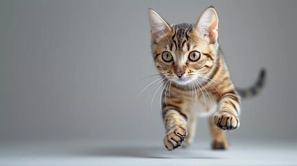 A cute tabby kitten is running towards the camera with a curious look on its face.