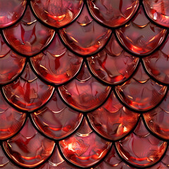 Dragon scale in glossy and shiny red color. Seamless tile pattern background of snake or monster.
