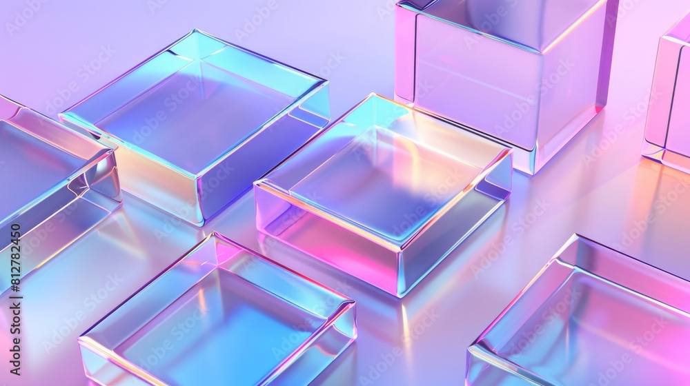 Poster a 3d render with a geometric abstract background, reflective glass with a gradient gradient, and sim