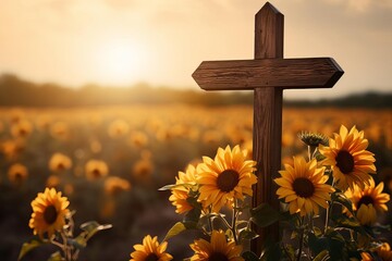 The wooden cross stands in a field of sunflowers, reaching towards the setting sun.