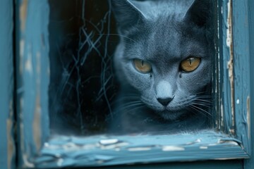 Grey cat with piercing yellow eyes looks out from a weathered blue window frame