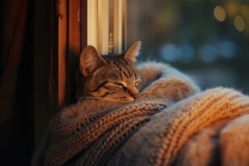 Serene cat naps on a fluffy blanket by the window, bathed in the warm glow of the setting sun