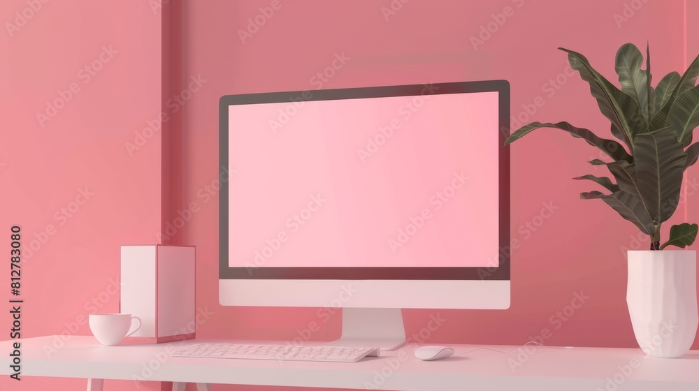 Poster mockup of 3d minimal desktop with blank screen. concept of empty screen for text and logo replacemen