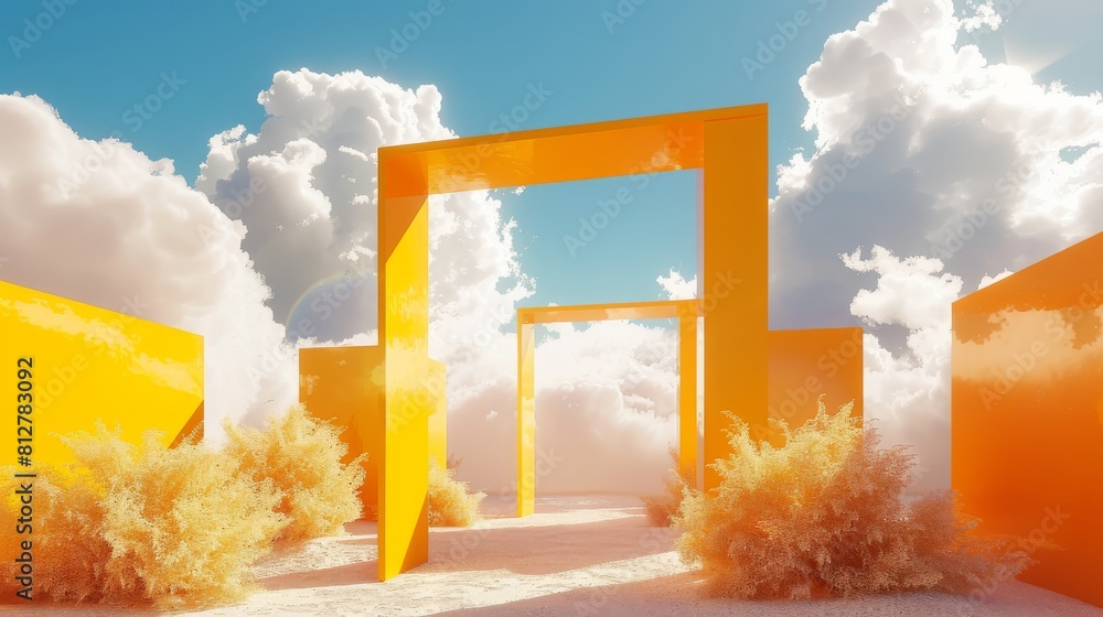 Poster rendering of a surreal desert landscape with white clouds entering golden portals on a sunny day. ba