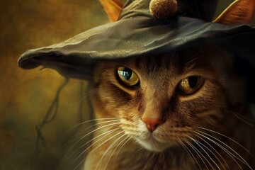 Mystical ginger cat with piercing eyes donning a wizard hat, casting a magical ambiance