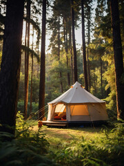 Nature Retreat, Tent Set Against Lush Blurred Forest, Camping Escape