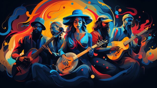 A group of five diverse musicians playing an array of stringed instruments in a vibrant and colorful setting