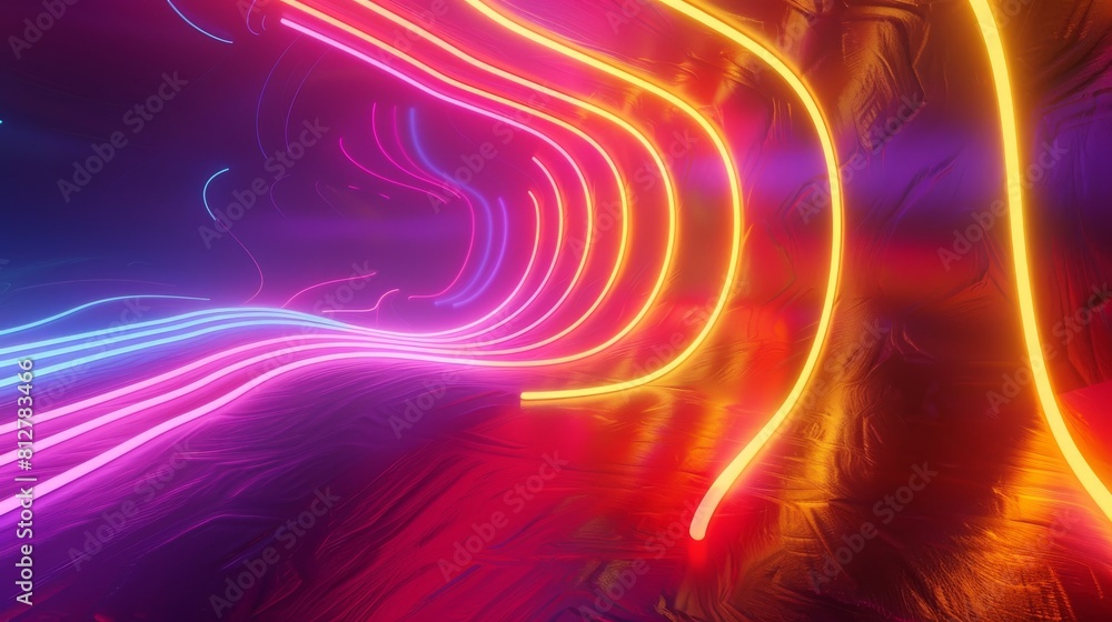 Poster a 3d render of a colorful spectrum background with neon rays and glowing lines.