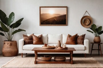Boho living room interior with wooden furniture and summer vibes.