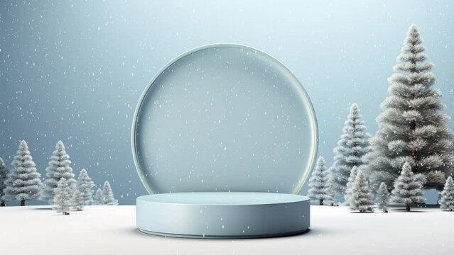 Snow Podium Product  Christmas tree and snow globe. Christmas background  cylindrical Podium for promotions. Presentation sale product.