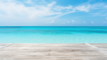 Fototapeta premium Calm Ocean View from Wooden Pier under Sunlit Blue Sky