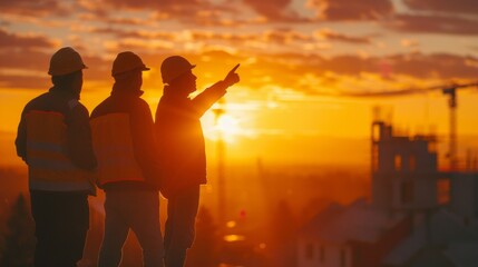 Group of builders pointing and planning with sunset background.