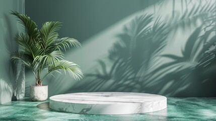 Obraz premium 3D rendering of a luxury minimal white marble stage platform, summer green tropical plant, abstract background