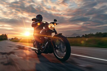Digital image of motorcycle driver riding down road with sun rising behind him