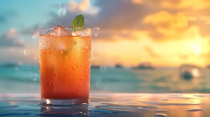 A glass of cold tropical fruit juice with ice cubes sitting on a table by the beach