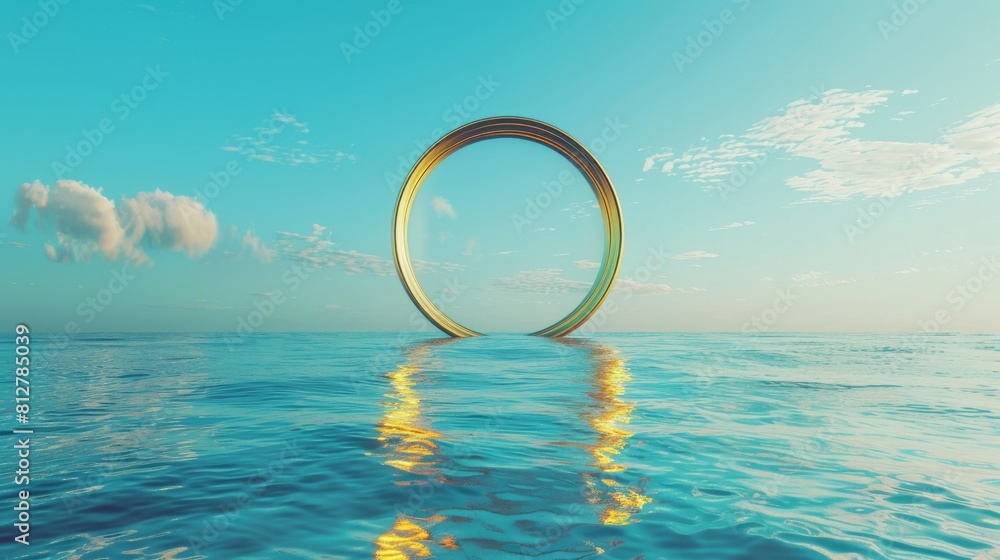 Poster The 3D render shows an abstract seascape with a golden ring in the middle of the water. Abstract background with blue sky above the water. Modern minimal abstract background with a round frame.