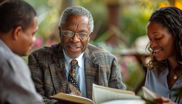 Exhibit a Protestant minister counseling a couple, providing guidance and support through scriptural wisdom