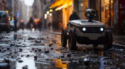 Exhibit a robot performing street cleaning tasks in an urban environment, equipped with pollution monitoring sensors