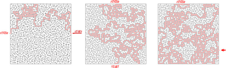 Set of 3 vector square labyrinths with rectangular cell. Mazes of high complexity with solution - red passing route. Black and white complex riddles with high level of difficulty. 