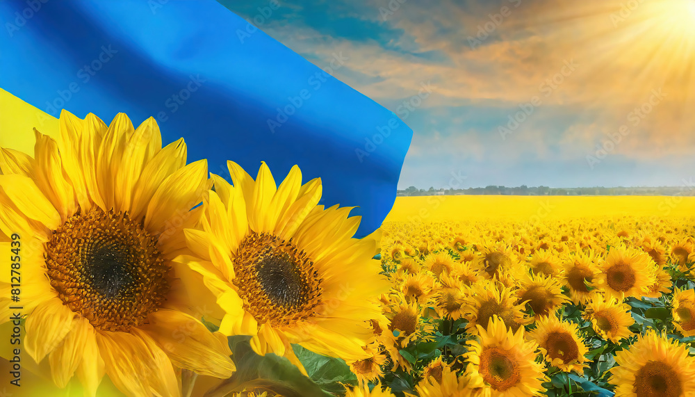 Wall mural sunflower field with flag of ukraine. blue sky with sunflowers.