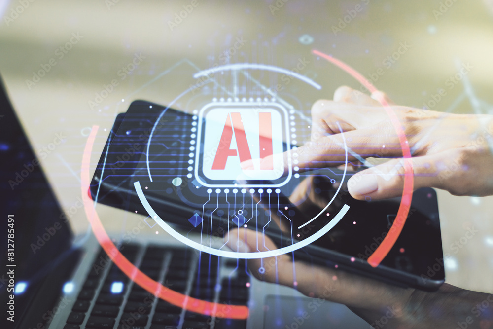 Poster double exposure of creative artificial intelligence abbreviation and hand working with a digital tab
