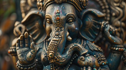 Close-up of a Ganesha idol with intricate details, emphasizing the symbolic mouse at his feet