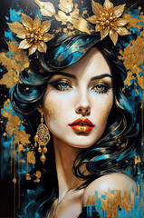 Abstract artwork of a woman with turquoise and golden brushwork - Generative AI	