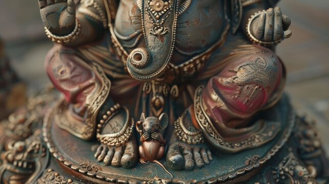 Close-up of a Ganesha idol with intricate details, emphasizing the symbolic mouse at his feet