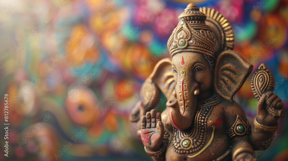 Wall mural Painted clay idol of Ganesha set against a festive background, ready for Ganesh Chaturthi celebrations