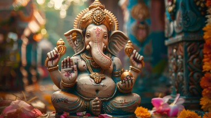 Fototapeta premium Painted clay idol of Ganesha set against a festive background, ready for Ganesh Chaturthi celebrations