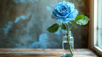 Blue rose in vase adds elegance to table by window. Soft light enhances beauty