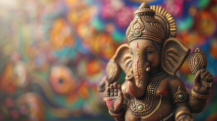 Painted clay idol of Ganesha set against a festive background, ready for Ganesh Chaturthi celebrations