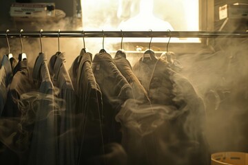 The steamy atmosphere of a dry cleaner workspace with a rack of spotless clothes ready for customer pickup