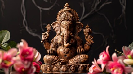 Obraz premium A beautifully carved statue of Lord Ganesha in a serene pose, adorned with vibrant flowers