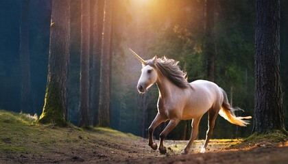 a beautiful unicorn running in the forest fantasy art