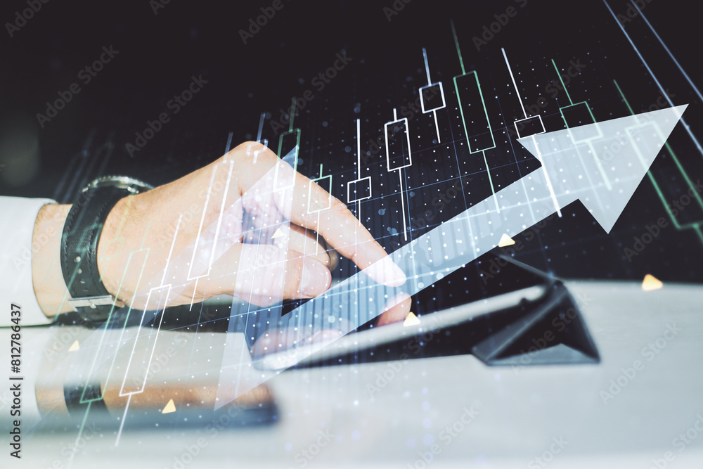 Poster multi exposure of abstract financial diagram with upward arrow and hand working with a digital table